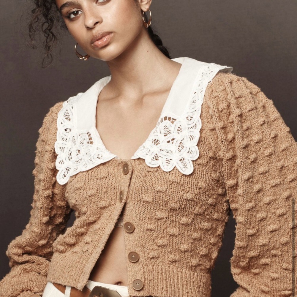 Anthropologie Tan Textured Cardigan with White Lace Collar